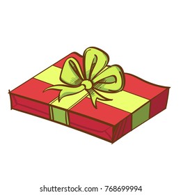 Red gift box with a green bow. Decorative element for Christmas and New Year design. Hand drawn vector illustration isolated on white background.