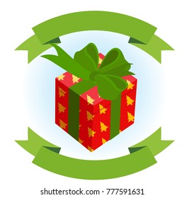 Red gift box with green bow and ribbon banner. Vector illustration isolated on white background for logos, stickers and other items.