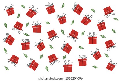 red gift box with green leaf on white background