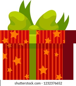 Red gift box with green ribbon, star pattern and green bowknot