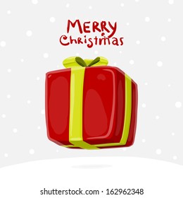 Red Gift Box with a Green Ribbon and a Bow. Christmas and  Winter Cards Design.