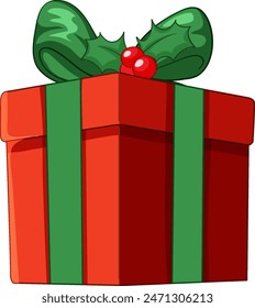 Red gift box with green ribbon and holly