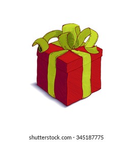 Red Gift Box with green ribbon. Retro style linear sketch vector. Vintage Holidays gift symbol. 