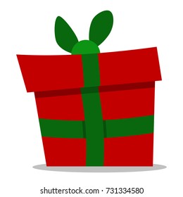 Red gift box with green ribbon and bow. Vector cartoon flat icon isolated on white background.