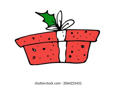 red gift box. hand-drawn in doodle style red gift box with white ribbon with holly leaf for New year and Christmas design template