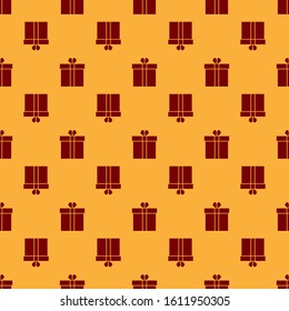 Red Gift box and heart icon isolated seamless pattern on brown background. Valentines day.  Vector Illustration
