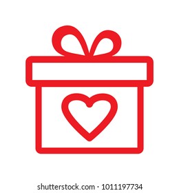 Red gift box with heart, outline design. Gift icon for Valentine's Day. Vector illustration