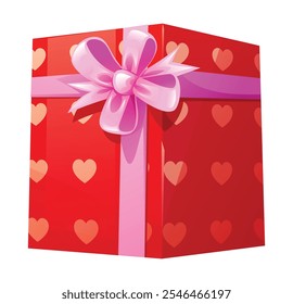 Caja de regalo roja con patrones de corazón y cinta rosa decorativa, perfecta para el día de San Valentín. Vector ilustración de dibujos animados