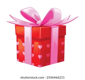 Caja de regalo roja con patrones de corazón y cinta rosa, perfecta para el día de San Valentín. Vector ilustración de dibujos animados