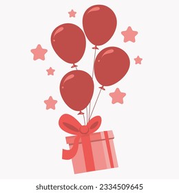 Red gift box with helium balloons,  Poster, banner, happy anniversary. flat Vector illustration.