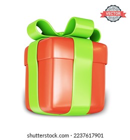Red gift box icon with green bow in cartoon style. Realistic vector illustration