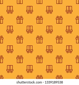 Red Gift box icon isolated seamless pattern on brown background. Flat design. Vector Illustration