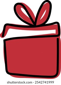 Red Gift Box Icon with Ribbon in Hand-Drawn Vector Style