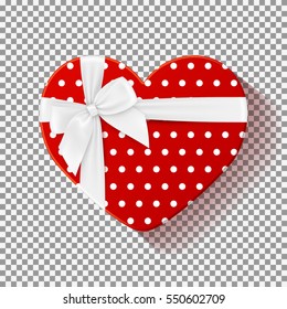 Red gift box isolated on transparent backdrop. Top view on box in the form of heart with white bow. Template for greeting card on Christmas, New Year and Valentine's Day. Vector illustration.