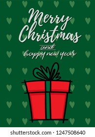 Red gift box. Large sack holiday for gifts. Merry Christmas vector text Calligraphic Lettering design card template for website .