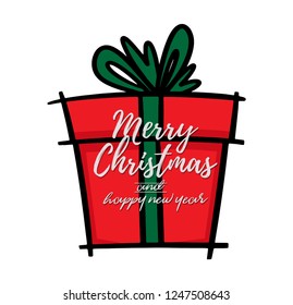 Red gift box. Large sack holiday for gifts. Merry Christmas vector text Calligraphic Lettering design card template for website .
