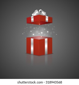 Red gift box with a magic effect and reflection. Vector EPS10 illustration.