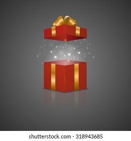 Red gift box with a magic effect and reflection. Vector EPS10 illustration.