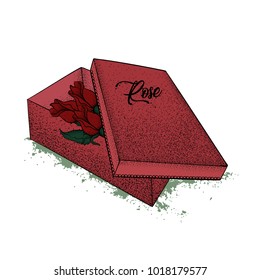 Red gift box, in the middle of which there are roses. St. Valentine's Day. Birthday. A festive gift. Hand drawn vector illustration.