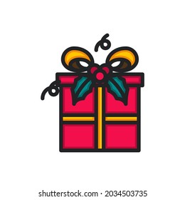 Red gift box with mistletoe filled outline icons. Vector illustration. Editable stroke. Isolated icon suitable for web, infographics, interface and apps.