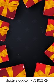 Red gift box on dark background. Vector illustration