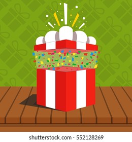Red gift box on table. Gifts on background. Flat vector illustration.