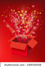 Red gift box Open explosion fly hearts and confetti Happy Valentine s day. Vector illustration template baner poster isolated. Red background