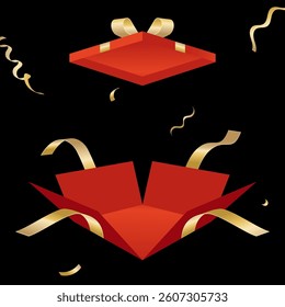 red gift box open with gold ribbon