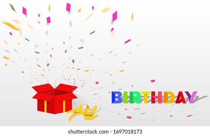 The red gift box is opened. Then a multicolored ribbon came out of the box. Beside the box is the Happy Birthday font design. It's a vector design for greeting cards and posters for celebration.