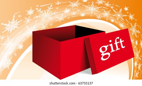 Red Gift box with orange wave background and snowflakes