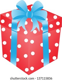 Red gift box in peas with blue ribbon