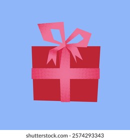 A red gift box with a pink bow on a globe background with a halftone effect. Illustration for scrapbooking, postcard design and fabric
