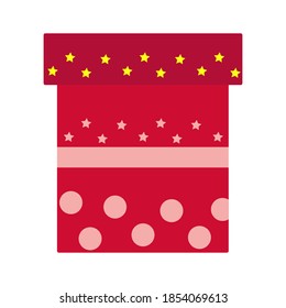 A red gift box with pink dots, yellow stars and ribbon ornament isolated against white background. 