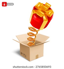 Red gift box, popping out of an open cardboard delivery box on a spring. Concept of surprise, prank, unexpected, sudden, pleasant event. 3D vector illustration. Isolated on white