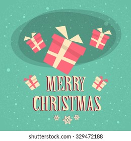 Red Gift Box Present Merry Christmas Happy New Year Banner Retro Flat Vector Illustration