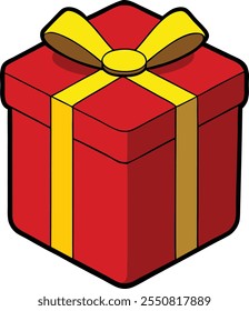 Red gift box present, yellow ribbon bow, isometric view, celebration