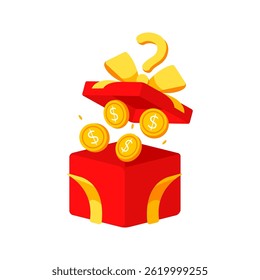 Caja de regalo roja con signo de interrogación que revela monedas de oro con signo de dólar, concepto de premio de misterio