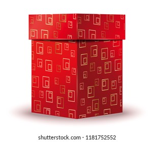 Red gift box with a repeating gold pattern. Vector illustration isolated on white background