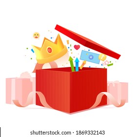 Red gift box with ribbon. Bonuses money with earn points for the loyalty program. Vector illustration. Birthday concept. Surprise present