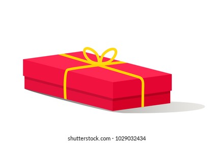 Red gift gift box, ribbon and bow, isolated on white. Christmas gift box, a surprise box for an anniversary, birthday, Christmas, March 8. Flat vector illustration