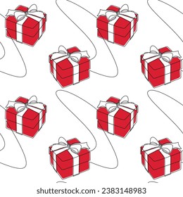 Rote Geschenkbox mit Schleifenbogen-Linie kontinuierlicher Hintergrund. Weihnachten präsentiert nahtlose Mustervektor. Grafische Illustration, Banner, Karte, Plakat, festliche Verzierung, Tapete, Urlaubstext.