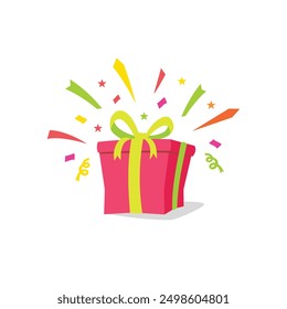 Red gift box with Ribbon. Cute closed present with yellow bow and stars and confetti explosion. Birthday party, give away package, loyalty program reward, Christmas, event celebration. Vector icon