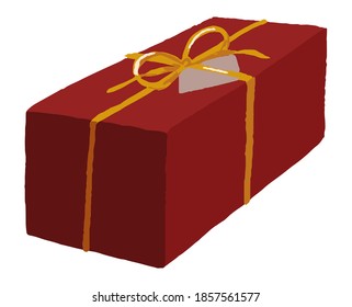 Caja de regalo roja con cinta y etiqueta. Ilustración individual de vector dibujada a mano. Elementos planos y coloridos y sencillos aislados en blanco. Objeto para diseño, impresión, decoración, tarjeta, pegatina, banner, envoltura, publicidad.