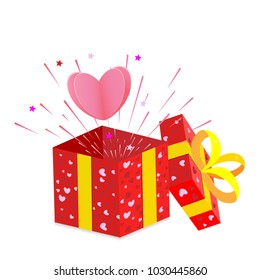 Red gift box with ribbon . Valentines hearts postcard. Isolated on a white background. Vector illustration