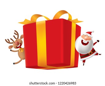 red gift box with santa claus and deer, vector