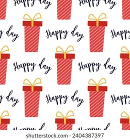 Red gift box, seamless vector pattern. Cute present with ribbon, bow. The holiday container is packed in striped wrapping paper. Surprise for a Happy day, Merry Christmas, Birthday. Cartoon background