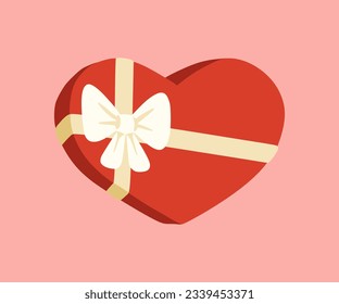 Caja de regalo roja en forma de corazón con un arco. Elemento de diseño para tarjeta de saludo, invitación, impresión, etiqueta, patrón. Ilustración para el cumpleaños y el día de San Valentín.