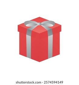 Red gift box with a silver ribbon bow, symbolizing celebration, surprise, and joy. Perfect for birthdays, holidays, Christmas, and special occasions. Elegant vector illustration on a white background.