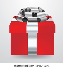 Red gift box with silver ribbon. vector.
