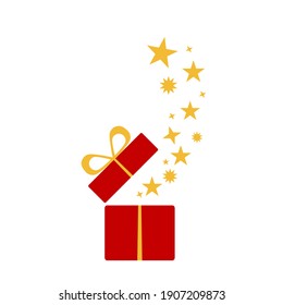 Red gift box with stars. Many magic stars fly out from the opened present packaging. Flat design. Vector illustration isolated on white